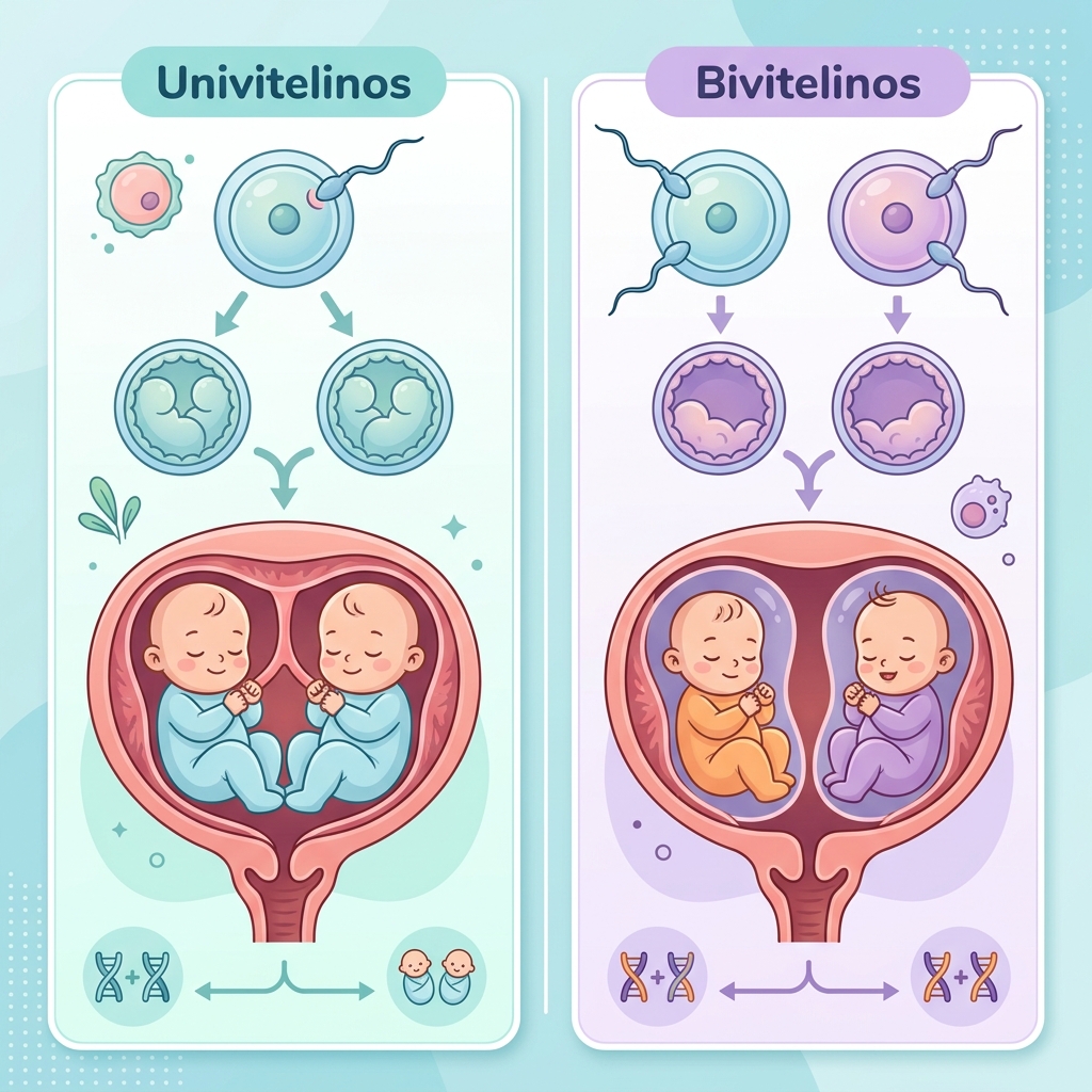 Infográfico: Diferença Biológica entre Tipos de Gêmeos Infográfico médico ilustrativo mostrando a diferença entre gêmeos idênticos (univitelinos) que compartilham 1 óvulo, e gêmeos fraternos (bivitelinos) formados por 2 óvulos.