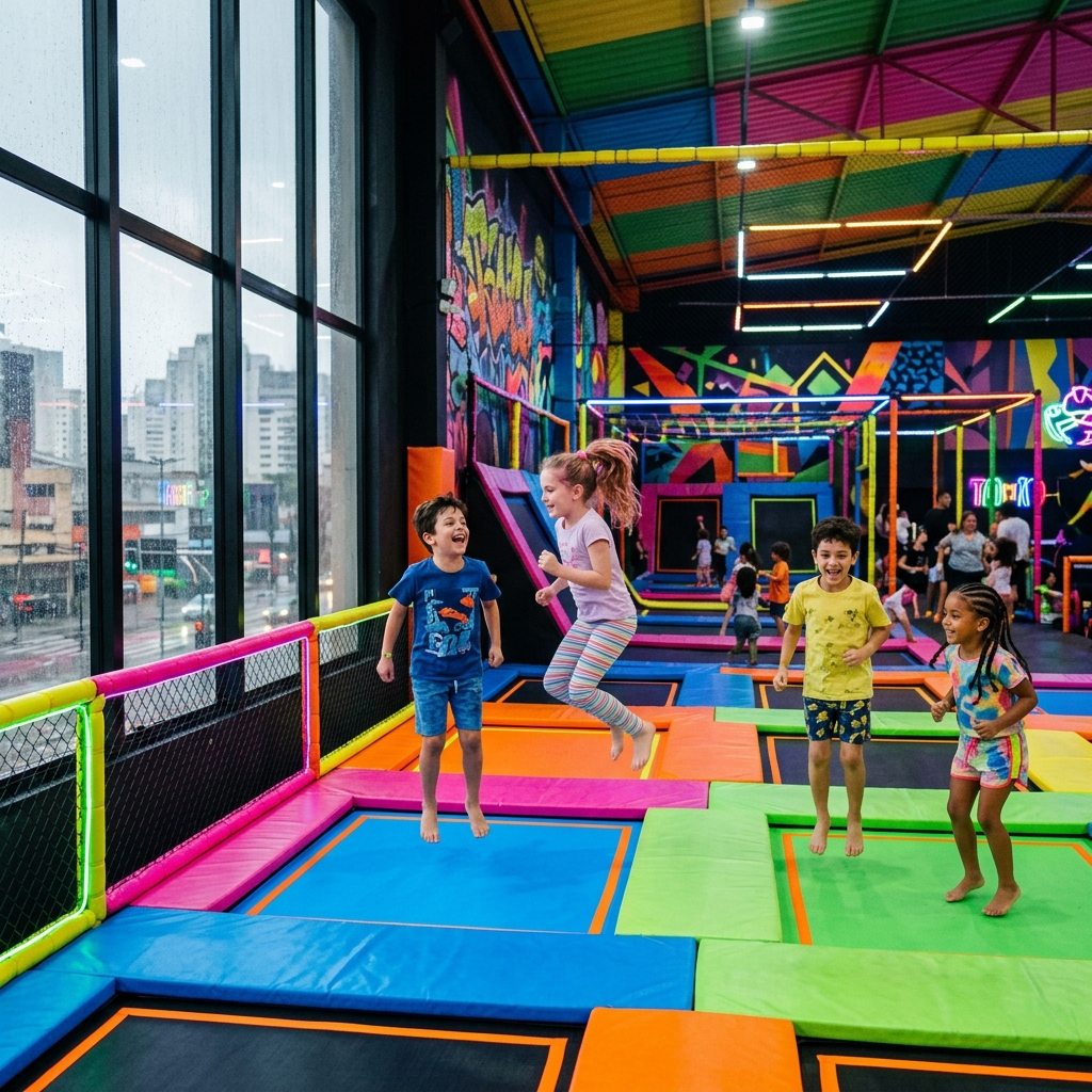Atividades indoor para crianças em São Paulo em dias de chuva — parques de trampolim e museus cobertos Crianças pulando em trampolins coloridos em parque indoor em São Paulo num dia de chuva, se divertindo com energia