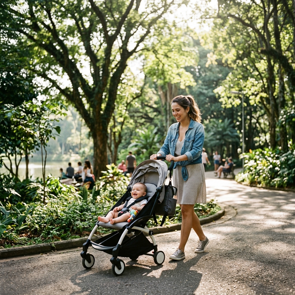 Passeio com bebê em São Paulo — melhores parques com sombra e acessibilidade para carrinhos Mãe brasileira passeando com carrinho de bebê leve em parque sombreado de São Paulo pela manhã