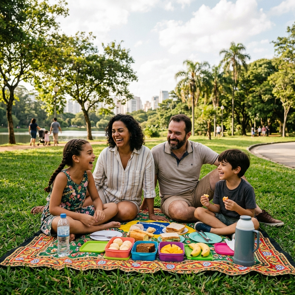 Roteiro gratuito com crianças em São Paulo — piquenique no parque é opção econômica e divertida Família brasileira fazendo piquenique em parque de São Paulo com lancheiras coloridas e frutas, crianças sorrindo