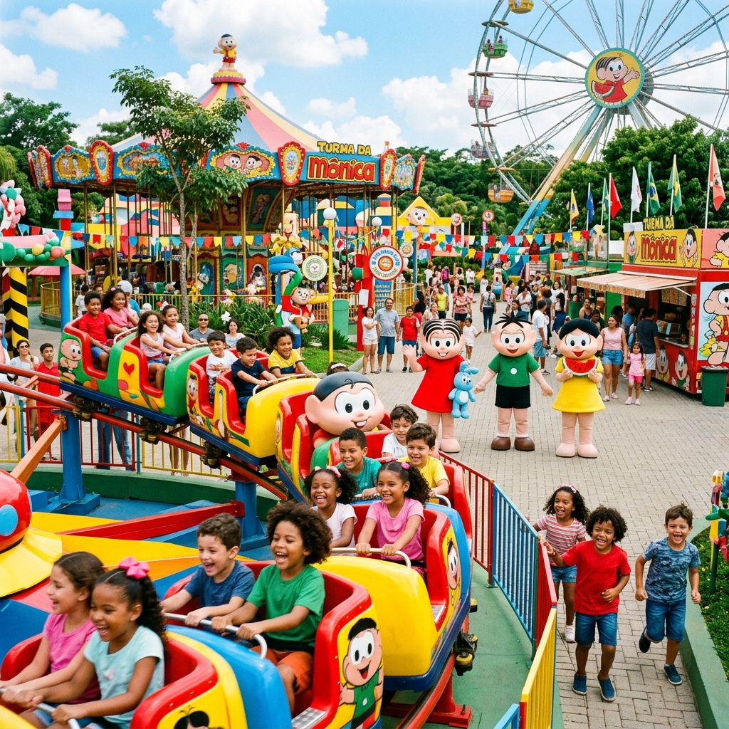 Parque da Mônica em São Paulo — ideal para crianças de 3 a 10 anos Crianças se divertindo em brinquedos coloridos no Parque da Mônica em São Paulo, com personagens da Turma da Mônica