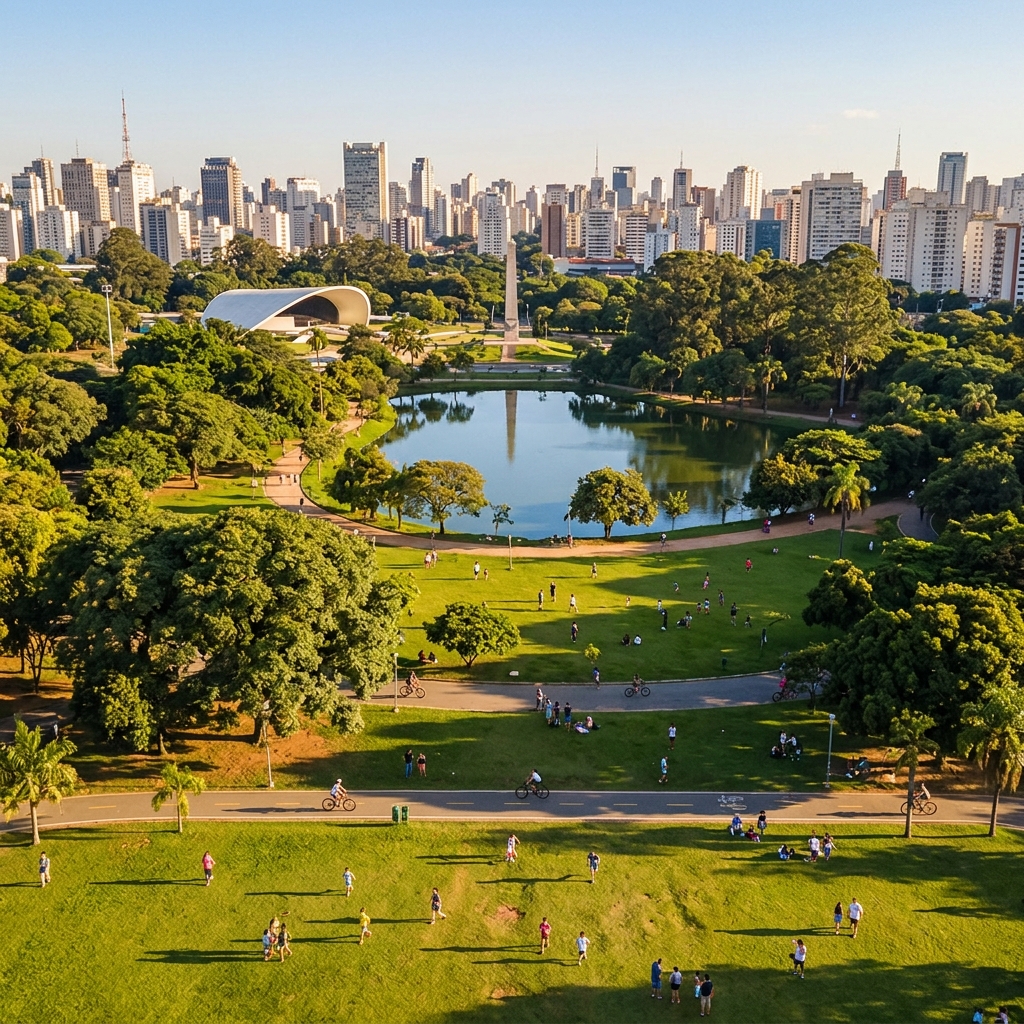 Parque do Ibirapuera — o parque mais famoso de SP para passeios com crianças Famílias e crianças curtindo o Parque do Ibirapuera em São Paulo com o skyline da cidade ao fundo