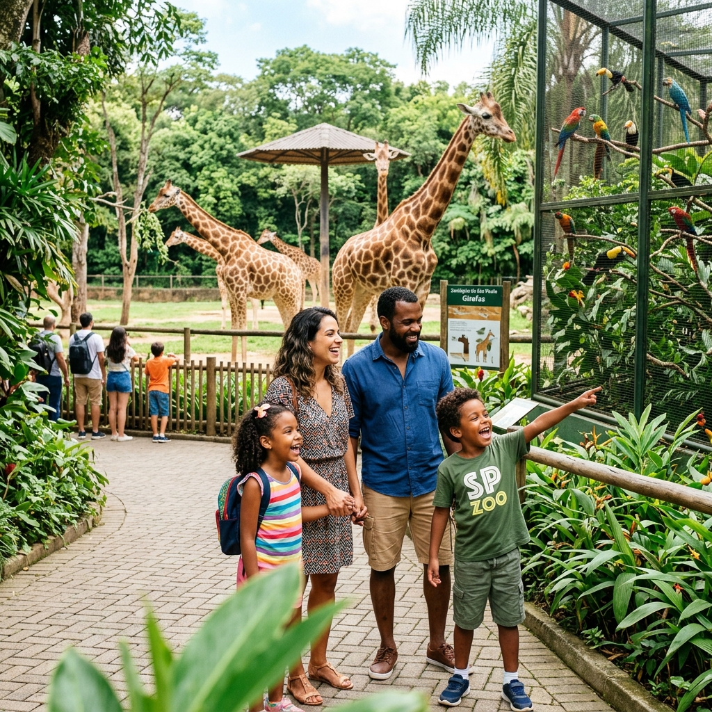 Zoológico de São Paulo — passeio clássico para crianças de todas as idades Família brasileira com crianças animadas visitando o Zoológico de São Paulo, observando girafas e aves exóticas